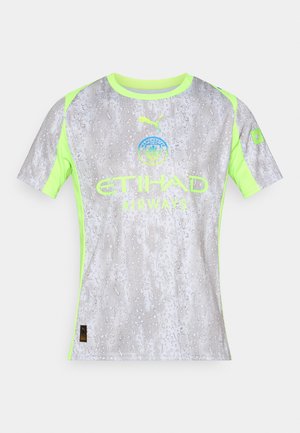 Camisa de manga corta gris con un patrón de gotas de agua, acentos en verde neón y el logo de "Etihad Airways" con un emblema circular.