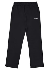 Svarta sportbyxor med resår i midjan, sidofickor och ordet "PEGADOR" tryckt i vitt på vänstra benet. Slät polyesterfabric.