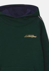 Felpa verde con cappuccio interno blu navy, caratterizzata da un logo dorato "automobili Lamborghini" e strisce laterali a contrasto. Texture del tessuto morbida.