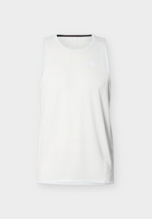 Débardeur de sport blanc sans manches avec encolure ronde et logo discret sur la poitrine, présenté sur un fond blanc.