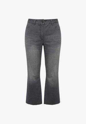 Szare dżinsy z rozszerzanym krojem, z wyblakłą teksturą, zapięciem na guzik i suwak oraz wykończeniem z nieobrobionym brzegiem.