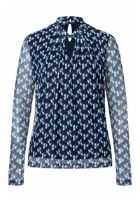 Marinebluse mit floralem Muster in Blautönen, langen transparenten Ärmeln, einem Schlüssel-Ausschnitt und sanften Falten für zusätzliche Textur.