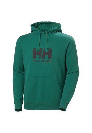 Groene katoenen hoodie met een voorste kangaroo zak, met een zwart "HH" logo en de tekst "HELLY HANSEN" op de borst. Verstelbare capuchon met koordjes.