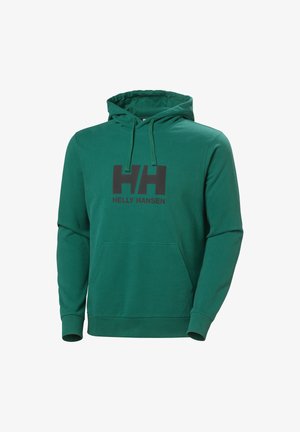 Zielona bawełniana bluza z kapturem z przednią kieszenią typu kangur, z czarnym logo "HH" i napisem "HELLY HANSEN" na piersi. Regulowany kaptur z sznurkami.