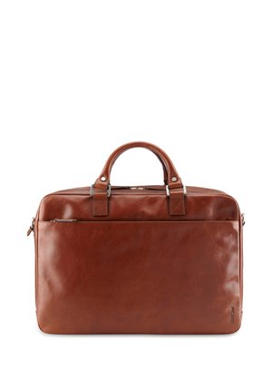 Brown leather briefcase with two handles, front zipper pocket, and metal hardware on a white background.