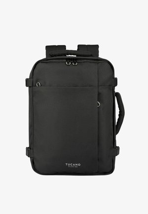 Zaino rettangolare nero con spallacci imbottiti, manico superiore, manico laterale, tasca frontale e logo "Tucano Milano 1985" in basso.