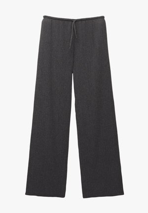 Wide-leg trousers in dark gray knit fabric with a textured pattern. Features a drawstring waistband for adjustable fit.