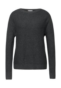 Pull en maille gris foncé en matière douce ; présente un col rond, des manches longues et des poignets et ourlet côtelés pour plus de texture.