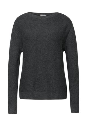 Suéter de punto gris oscuro hecho de material suave; cuenta con un cuello redondo, mangas largas y puños y dobladillo acanalados para mayor textura.