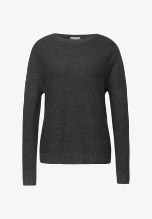 Ciemnoszary sweter dziany z miękkiego materiału; posiada okrągły dekolt, długie rękawy oraz prążkowane mankiety i dół dla dodatkowej faktury.