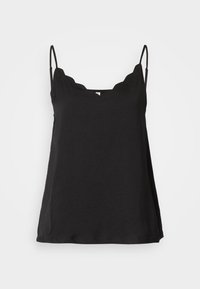 Top nero senza maniche con scollatura ondulata, realizzato in tessuto leggero, con spalline sottili e un taglio comodo.
