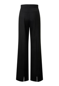 Zwarte wijde broek met een gladde textuur, met een hoge taille en uitsparingen aan de zoom voor extra detail.