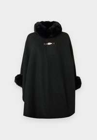 Poncho nero realizzato in tessuto misto lana con colletto soffice e polsini pelosi. Presenta una chiusura decorativa sul davanti e un design senza cuciture.