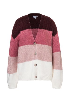 Gebreide cardigan met een v-hals, knoopsluiting en kleurblokontwerp in tinten bordeauxrood, roze en wit met geribde manchetten.