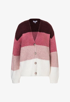 Gebreide cardigan met een v-hals, knoopsluiting en kleurblokontwerp in tinten bordeauxrood, roze en wit met geribde manchetten.