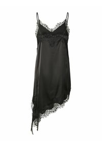Robe nuisette en satin noir avec bordure en dentelle, bretelles spaghetti réglables et ourlet asymétrique.