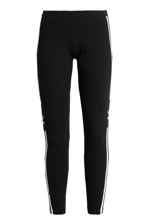 Leggings neri realizzati in materiale elasticizzato con una vestibilità slim, caratterizzati da strisce laterali bianche e dettagli con logo vicino all'orlo.