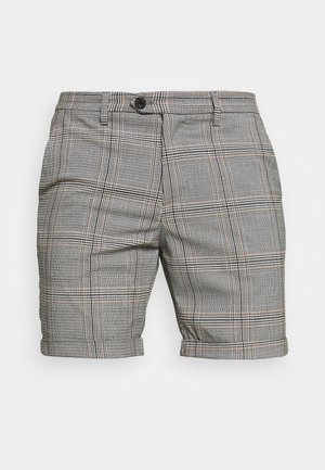 Graue karierte maßgeschneiderte Shorts mit vorderer Knopfleiste, Gürtelschlaufen, Seitentaschen und umgeschlagenem Saum.