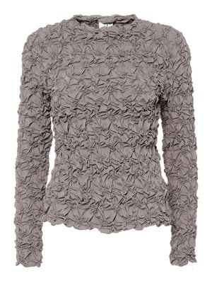 Long-sleeve mauve blouse with textured ruched fabric, crew neckline, slight flare at hem, and a back keyhole button closure.