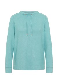 Sudadera de manga larga azul claro con cuello redondo y cordones ajustables en un fondo blanco liso.