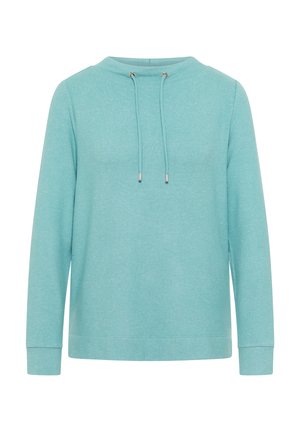 Sudadera de manga larga azul claro con cuello redondo y cordones ajustables en un fondo blanco liso.