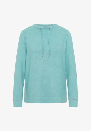 Pull-over à manches longues bleu clair avec encolure ronde et cordons réglables sur un fond blanc uni.