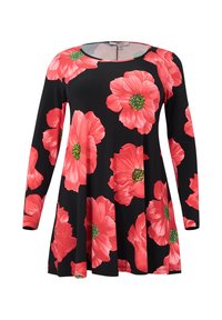 Robe noire à manches longues, ornée de grandes fleurs roses avec des centres verts ; fabriquée en tissu lisse et extensible.