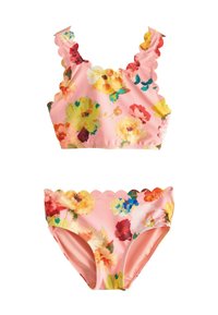 Troslojna ružičasta cvjetna bikini odjeljak napravljen od glatkog materijala, s oštrim rubovima na gornjem i donjem dijelu. Šareni uzorci cvijeća po cijeloj površini.