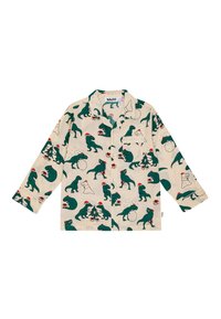 Majica dugih rukava od krem pamuka, s motivima zelenih dinosaura i prazničnim uzorcima, uključujući poklone i sneška belića. Uključena klasična kragna i džep.