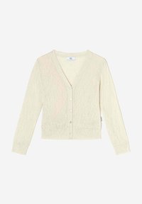 Cremfarbener, leichter Strickcardigan mit V-Ausschnitt, langen Ärmeln und fünf Knöpfen. Strukturierter Stoff und gerippter Saum.