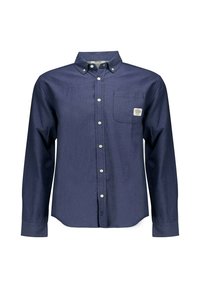 Marineblauw knoopshirt van gestructureerde stof met lange mouwen, een borstzak en witte knopen. Label genaaid op de zak.