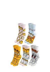 Set di sei calzini colorati con personaggi dei cartoni animati. I materiali includono cotone con vari motivi e disegni in rosa, blu, giallo e bianco.