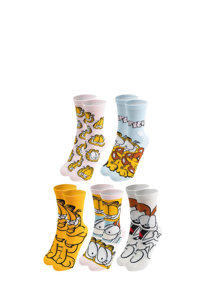 Set di sei calzini colorati con personaggi dei cartoni animati. I materiali includono cotone con vari motivi e disegni in rosa, blu, giallo e bianco.