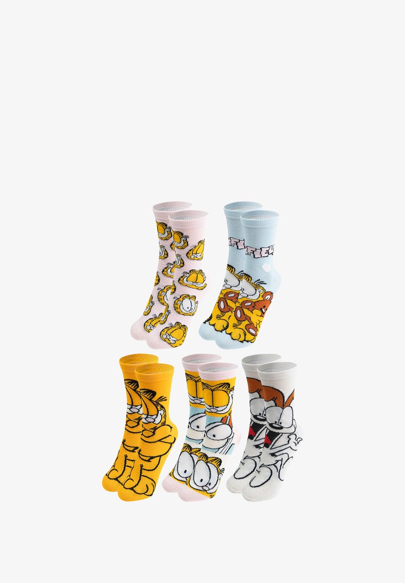 Set di sei calzini colorati con personaggi dei cartoni animati. I materiali includono cotone con vari motivi e disegni in rosa, blu, giallo e bianco.