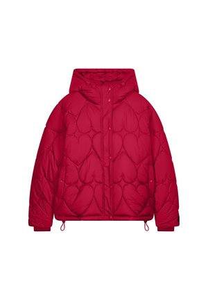 Red puffer jacket with a hood, featuring heart-shaped quilted pattern, front snap closure, elasticized cuffs, and adjustable drawstring hem.