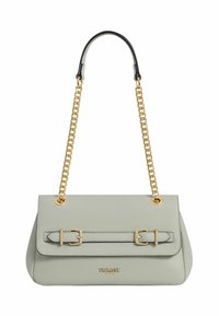 Borsa a mano in pelle grigio chiaro con forma strutturata, tracolla a catena dorata e doppie fibbie decorative sulla parte anteriore. Logo del marchio posizionato in basso.