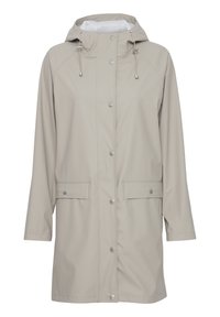 Lys beige regnfrakk laget av vanntett materiale. Har hette, trykknappingslukking, to frontlommer og raglanermer. Glatt tekstur.