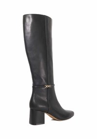 Black leather knee-high boot with a pointed toe and block heel. Features a faux leather strap with a gold hardware accent.