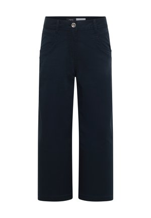 Laivastonsiniset leveälahkeiset lyhyet housut, joissa on etutaskut, napitus ja vyölenkit.