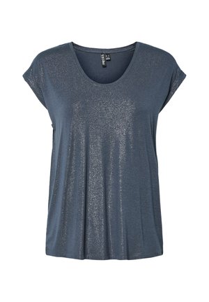 T-shirt blu scuro a maniche corte con un leggero scintillio metallico e scollo rotondo, mostrata su uno sfondo bianco neutro.