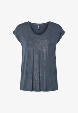 T-shirt blu scuro a maniche corte con un leggero scintillio metallico e scollo rotondo, mostrata su uno sfondo bianco neutro.