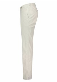 Pantalon gris clair à fines rayures, conçu avec une coupe droite, doté de deux poches, d'une fermeture par bouton et de détails de couture subtils.