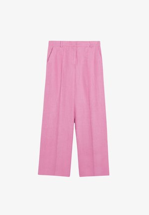 Pantaloni a gamba larga rosa realizzati in un tessuto leggero, con pieghe frontali e tasche laterali. Texture liscia e design sartoriale.
