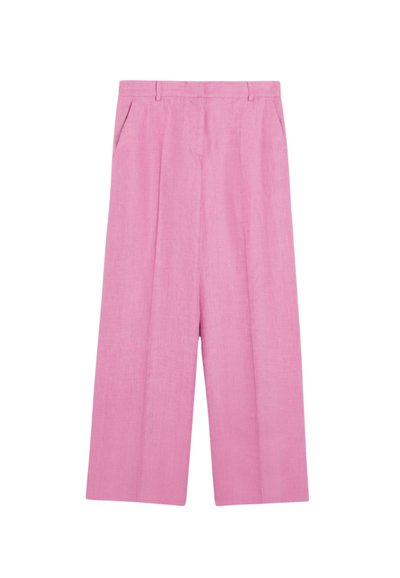 Roze wijde broek gemaakt van een lichtgewicht stof, met voorplooien en zijzakken. Soepele textuur met een getailleerd ontwerp.