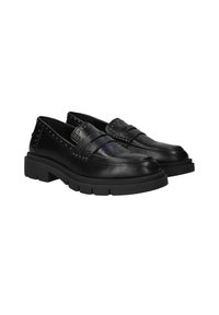 Zwarte leren loafers met studs accent, vlakke rubberen zool en een gladde textuur. Beschikt over een klassiek ontwerp met een lage profiel.