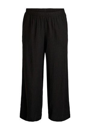 Czarne, luźne, krótkie spodnie z elastycznym pasem i prostymi nogawkami, wykonane z lekkiego materiału.