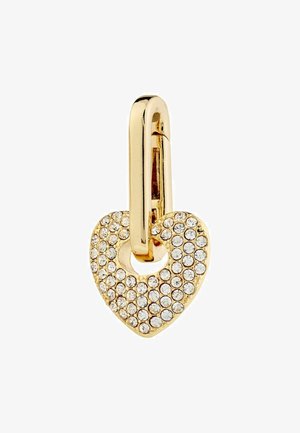 Gold heart-shaped pendant with clear rhinestones, featuring a round loop at the top for attachment. Smooth, shiny surface texture.
