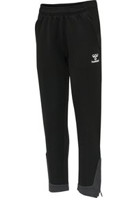 Svarta träningsbyxor med elastiskt midjeband, sidofickor med dragkedja och grå detaljer vid fållarna. Har logotyp på framsidan.