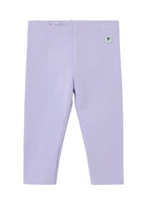 Lyse lavendel leggings lavet af blødt stof, med knaplukning og et lille firkantet mærke med bogstavet "P" på taljen.