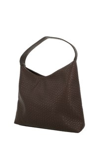 Borsa a tracolla in pelle intrecciata marrone con una sola tracolla, apertura triangolare e texture morbida. Presenta un sottile motivo a diamante.